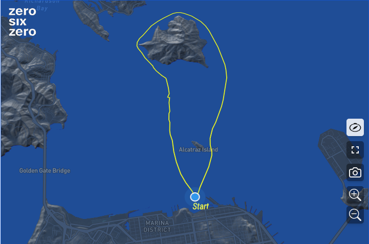Tracking map showing a counter clockwise Round Trip Angel Island route from Aquatic Park around Angel Island and back